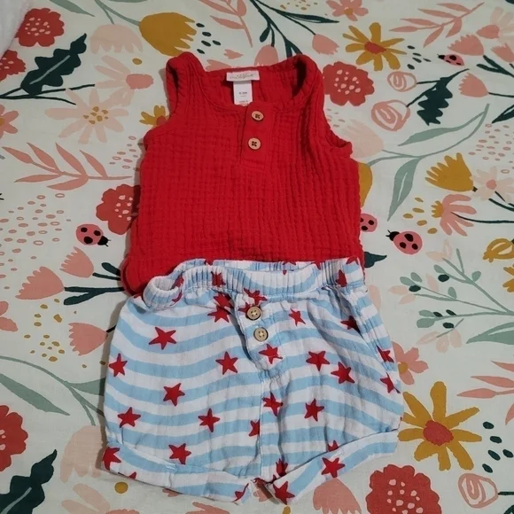 Cat & Jack Patriotic Red White Blue Shirt Pants Outfit Baby Size 0-3 Months - Picture 2 of 6
